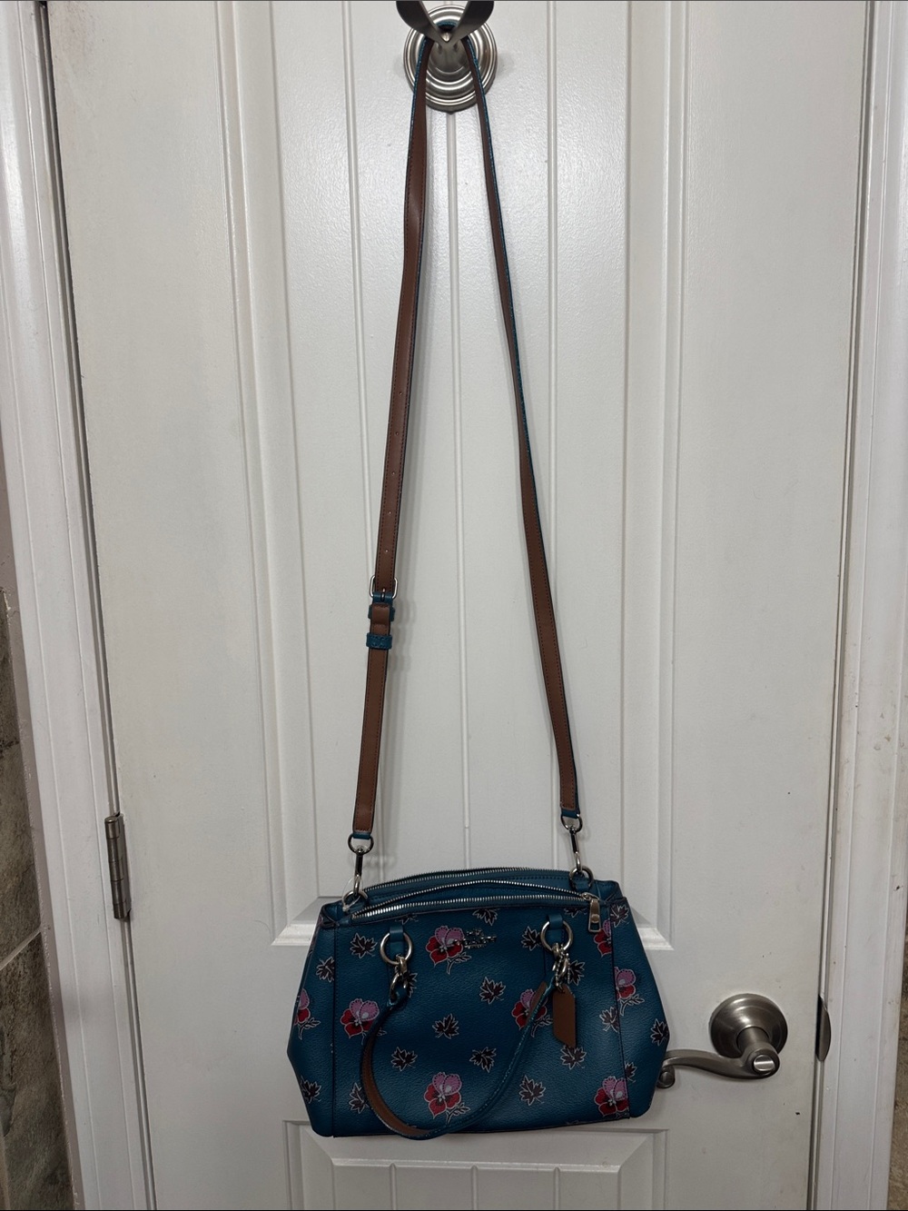 Coach Teal Floral Leather Shoulder Bag with Brown Strap Accent - Picture 10 of 10